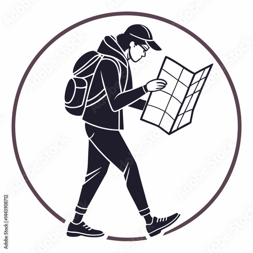 Silhouette Illustration Of A Traveler With Backpack Reading A Map In Circle