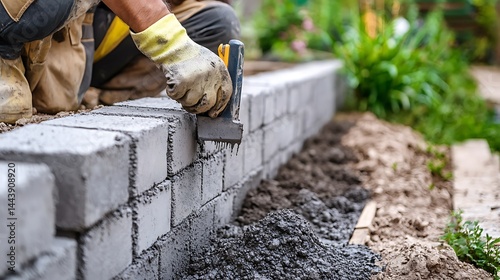 Landscaping Construction: A Worker Carefully Places Concrete Blocks to Build a Retaining Wall in a Garden Setting