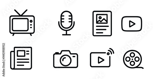 Media and entertainment outline icons set – linear style tv, music, and film symbols for digital content: television, microphone, newspaper, camera, video player, film reel.