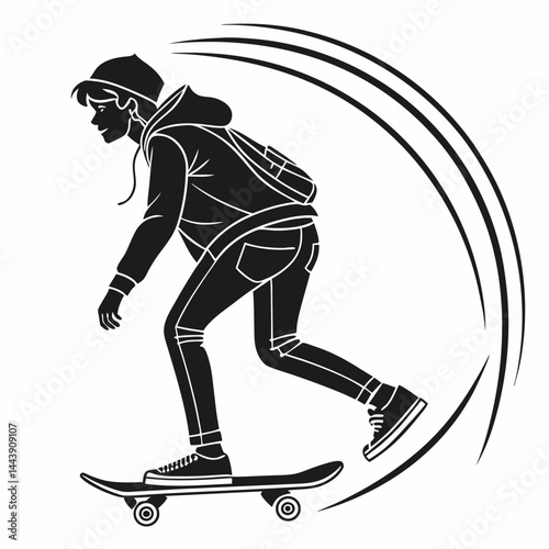Silhouette Of A Young Man Skateboarding With Action Lines In A Graphic Design