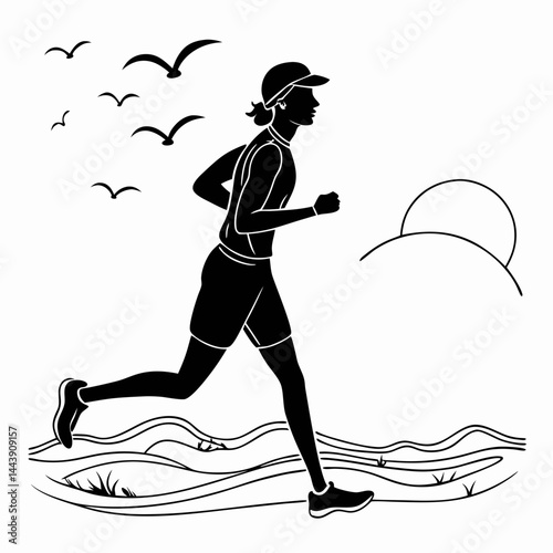Vector Illustration Of A Woman Running Outdoors At Sunrise With Birds Flying By