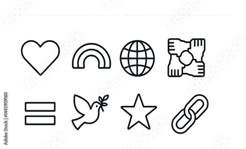 Symbols of unity and peace with heart, rainbow, globe, hands, equality, dove, star, and chain