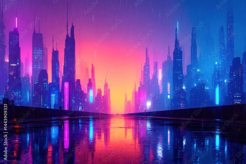 Obraz premium Futuristic city skyline reflected in a wet street.
