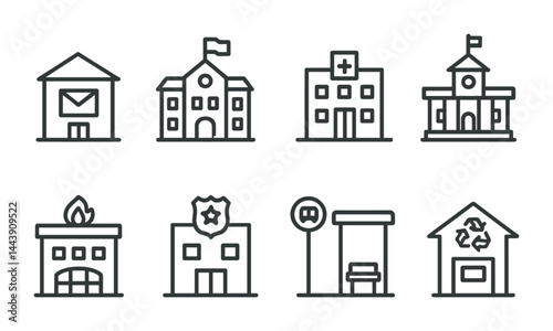 Public services icon set – outline style for city infrastructure and civic engagement: municipal building, school, hospital, fire station, police station, bus stop, recycling center