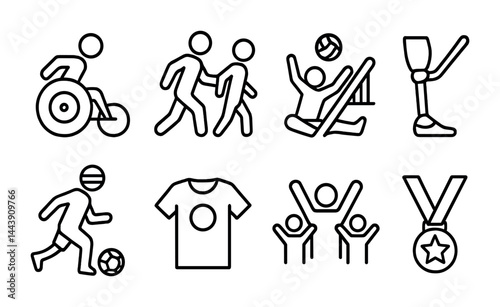 Adaptive sports line icons set – outline style symbols for inclusivity, accessibility, and athletics: wheelchair, team, volleyball, prosthetic leg, soccer, jersey, celebration, medal.