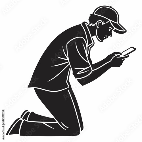 Man On Knees Using His Smartphone Technology In Black And White Vector Style