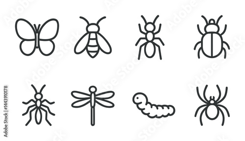Insects icon set - outline style nature and wildlife symbols for entomology: butterfly, bee, ant, beetle, dragonfly, caterpillar, spider
