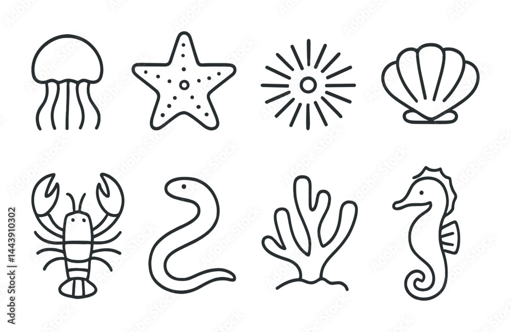 Marine life outline icons set – linear style ocean, sea creatures, and nautical graphics for design projects: jellyfish, starfish, sunburst, shell, lobster, eel, coral, seahorse.
