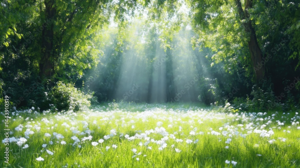 Obraz premium Sunlight streams through a lush forest, illuminating a field of white flowers