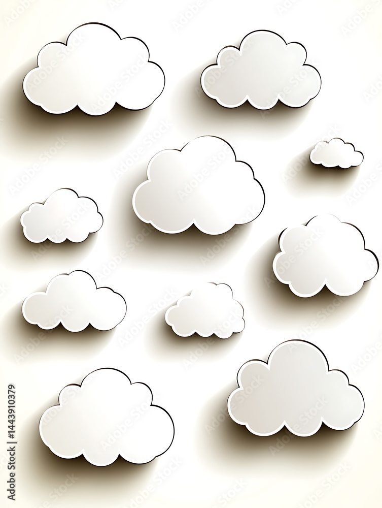 Floating cartoon cloud collection on pastel backdrop for creative projects Floating cartoon cloud collection on pastel backdrop for creative projects