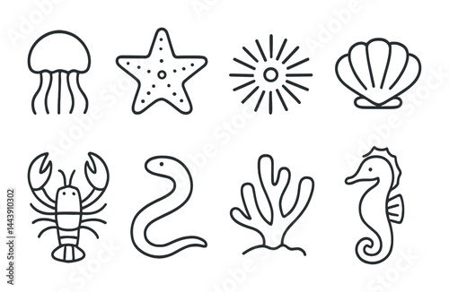 Marine life outline icons set – linear style ocean, sea creatures, and nautical graphics for design projects: jellyfish, starfish, sunburst, shell, lobster, eel, coral, seahorse.