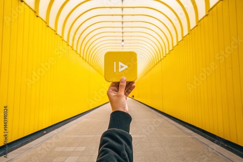 hand holding media player button icon over trendy yellow background, panoramic layout