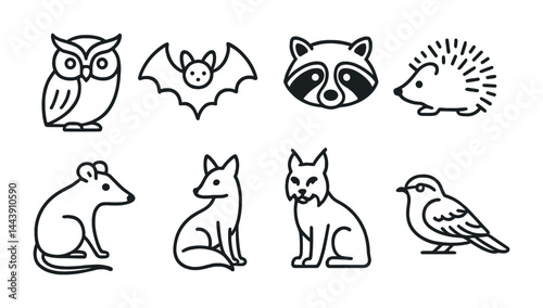 Wildlife animal icons set – outline style nature and forest creatures for eco projects: owl, bat, raccoon, hedgehog, mouse, fox, lynx, bird.