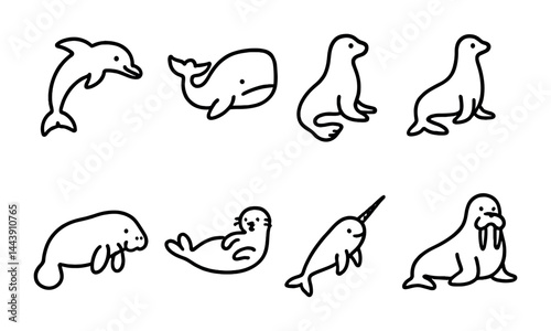 Marine mammal outline icon set – linear sea life, ocean creature symbols for environmental awareness: dolphin, whale, seal, manatee, walrus, narwhal