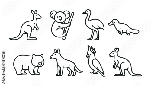 Australian wildlife outline icons set – line style fauna, nature, and animals for eco-friendly design: kangaroo, koala, emu, platypus, wombat, dingo, cockatoo.