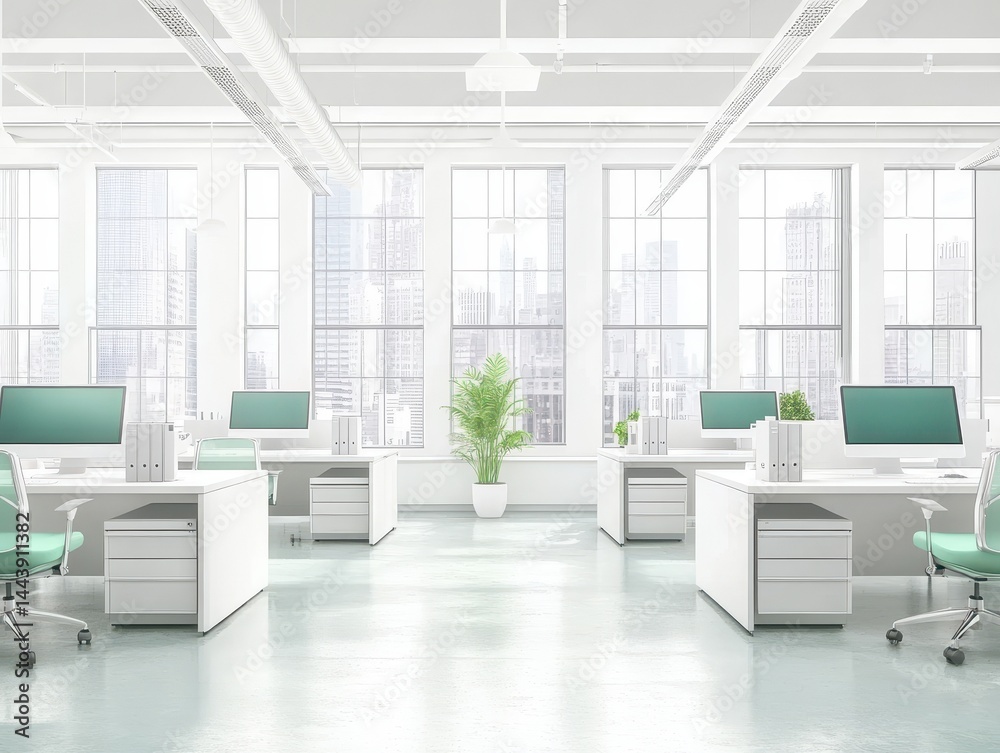 Fototapeta premium Modern, bright workspace with panoramic city views.