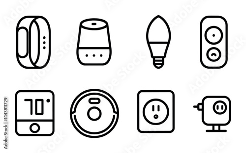 Smart home devices line icons set – outline style for home automation, iot, and technology: thermostat, smart bulb, speaker, security camera, smart plug, remote, robot vacuum, fitness tracker.