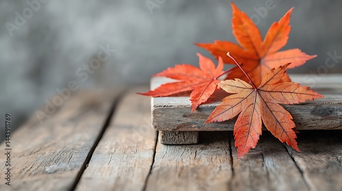 Autumn leaves on rustic wooden table photo