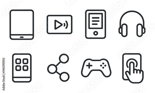 Technology and media linear icons set – outline style digital communication, entertainment, and gadgets symbols for modern design: tablet, play button, e-reader, headphones, app grid, share, game