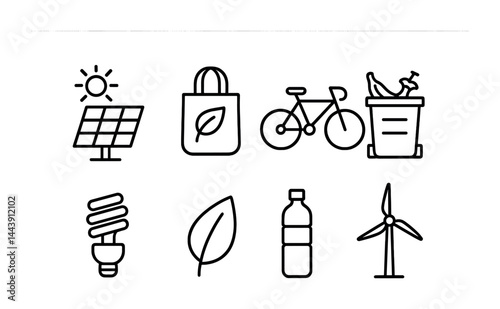 Eco friendly icons set featuring solar panel bicycle recycle bin and wind turbine
