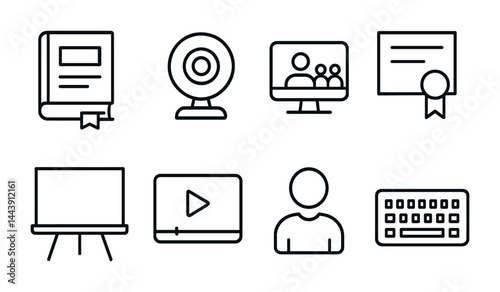 Online learning and education outline icons – linear style elearning, digital classroom, and virtual study symbols: book, webcam, computer, certificate, whiteboard, video, student, keyboard.