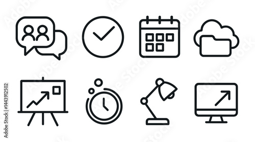 Business and office icon set – outline style: productivity, organization, communication symbols for work efficiency: chat, clock, calendar, cloud, presentation, timer, lamp, computer.