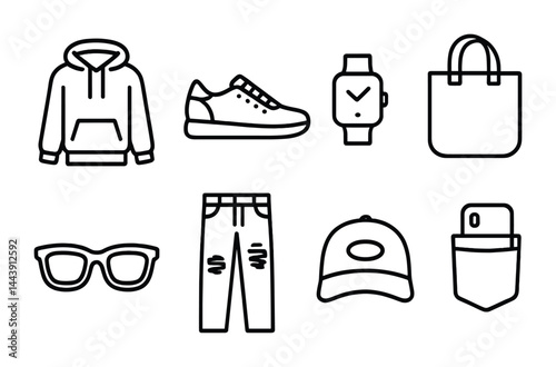 Fashion and clothing icons set – outline style wardrobe, accessories, and apparel symbols for design: hoodie, sneakers, watch, tote bag, sunglasses, jeans, hat, smartphone.