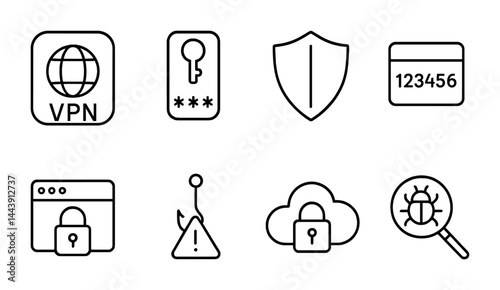 Cybersecurity line icons set – outline style symbols for online safety and data protection: vpn, password, shield, credit card, browser lock, phishing, cloud security, virus scan