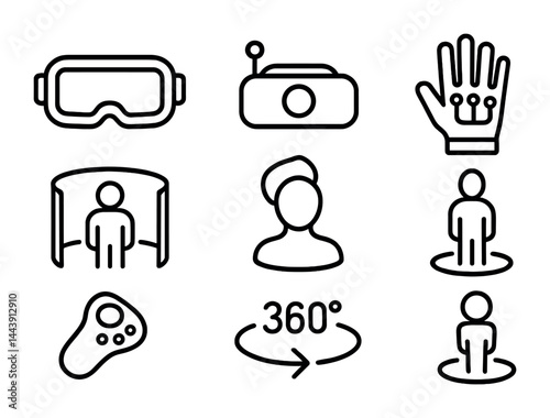 Virtual reality gaming outline icons – immersive tech, augmented experience, and interactive play symbols for digital design: vr headset, game controller, 360 degree, avatar, hand sensor, camera.