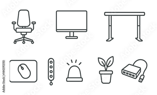 Office essentials outline icons set – linear style productivity, workspace, and ergonomic symbols for business solutions: chair, computer monitor, desk, mouse pad, power strip, alarm light, potted