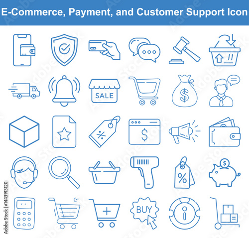 Blue linear icons depicting e commerce, payments, and customer support on a white backdrop