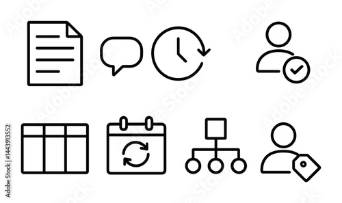 Business and organization outline icon set – linear style efficiency, collaboration, task management symbols: document, speech bubble, clock, calendar, structure, checklist, meeting, networking.
