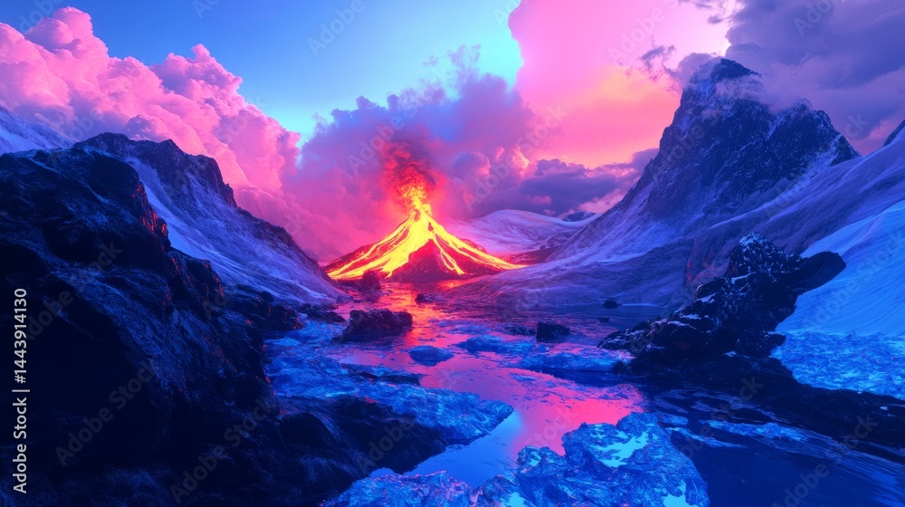 Obraz premium Erupting volcano in the Arctic, glowing lava contrasting against icy blue glaciers, surreal scene generative ai