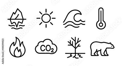 Climate change outline icons set - linear style for environment and sustainability awareness: iceberg, sun, wave, thermometer, fire, co2 cloud, barren tree, polar bear.