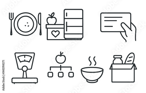 Healthy eating outline icons set – flat style nutrition, diet, and meal planning symbols for balanced lifestyle: plate, lunchbox, recipe card, scale, apple, soup, groceries.