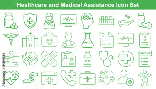 Green outline icons represent healthcare, medical assistance, and various medical symbols clearly visible