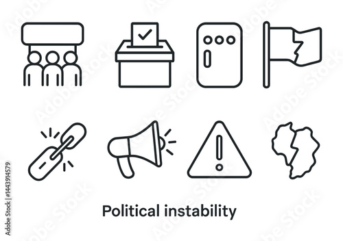 Political instability outline icons set – linear style governance, crisis, and power symbols for awareness: protest, voting, corruption, flag, megaphone, alert, split map.