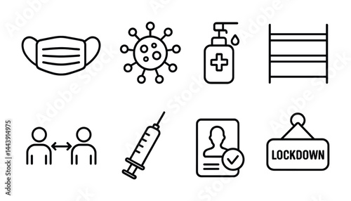 Pandemic safety icon set - linear style health and hygiene symbols for awareness campaigns: mask, virus, sanitizer, shelves, distancing, syringe, id, lockdown.