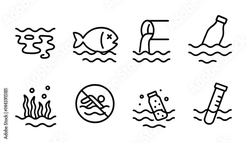 Water pollution icons set – linear style environmental, contamination, and conservation symbols: oil spill, dead fish, waste pipe, plastic bottle, algae, no swimming, water test.