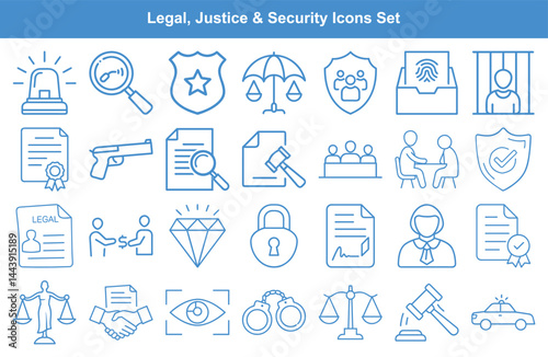 Legal and security icons show justice system elements with blue line drawings on white