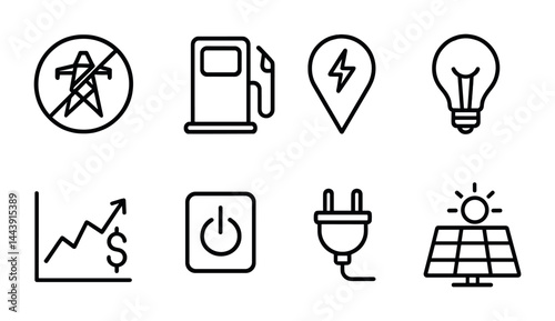 Renewable energy icon set – outline style for eco-friendly power solutions: airplane, fuel pump, energy pin, light bulb, growth chart, power switch, plug, solar panel