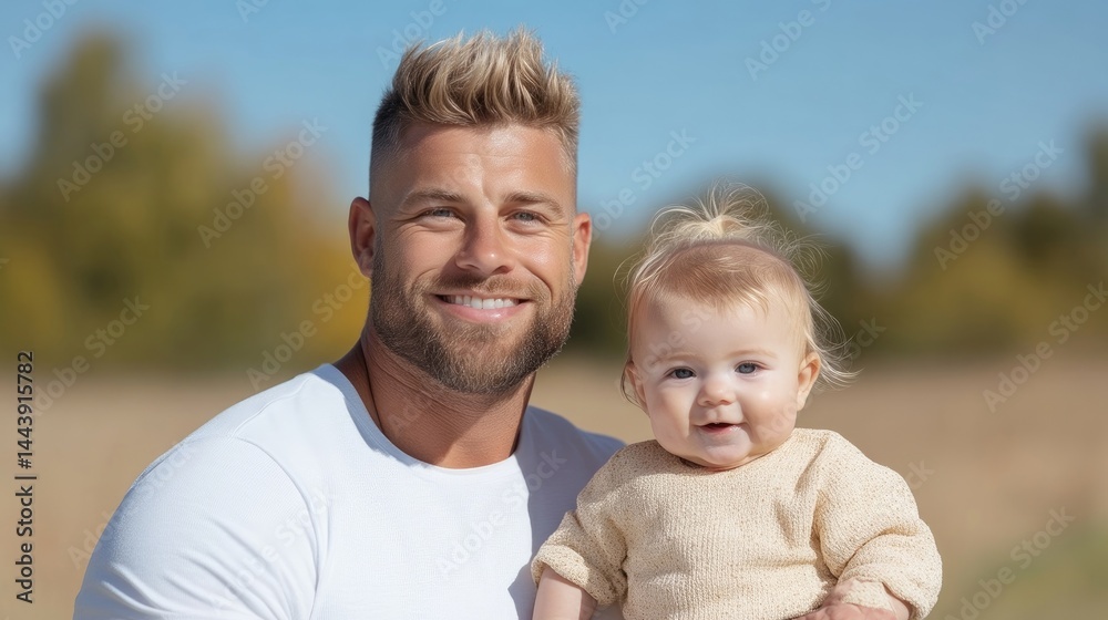 Fototapeta premium A smiling father holding his baby daughter in a sunlit field, vibrant green trees in the background, and outdoor family bonding moment.