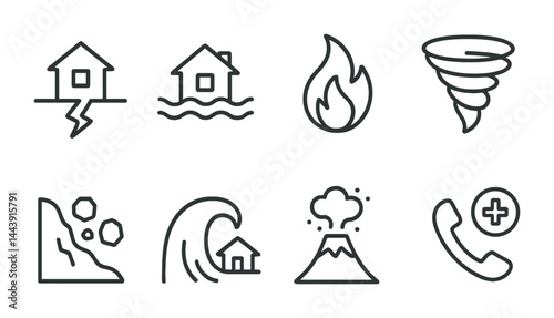 Natural disaster emergency icons – outline style weather, safety, and crisis symbols: earthquake, flood, fire, tornado, landslide, tsunami, volcano, emergency call.
