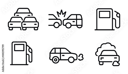Automotive icons set – outline style for transport and vehicle design: car, accident, fuel pump, gas station, car exhaust, traffic congestion