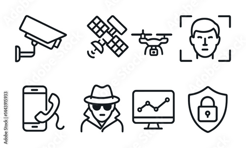 Surveillance and security icons featuring camera, satellite, drone, face recognition, phone, spy, analytics, and lock shield