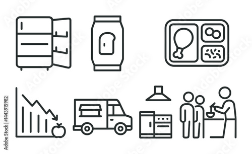 Kitchen and cooking essentials outline icons set – line style culinary, food preparation, and appliance symbols: refrigerator, canned food, microwave, oven, chef, cookware.