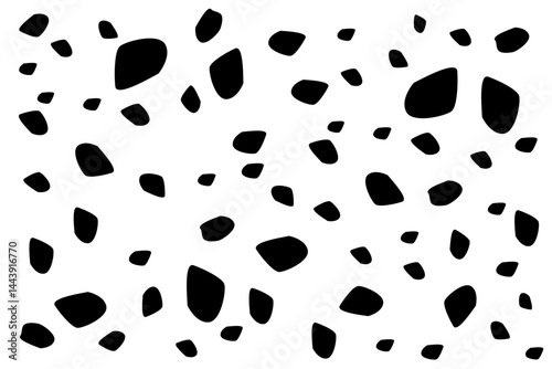 Black abstract shapes scattered across a white background create a modern artistic pattern