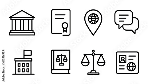 Law and justice icon set - outline style legal, court, and government symbols for attorneys: courthouse, certificate, location, chat, government building, legal book, scales, id badge