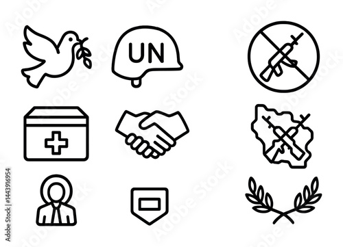 Peace and unity icon set – outline symbols for conflict resolution, diplomacy, and collaboration: dove, un helmet, no guns, handshake, olive branch, map, shield.