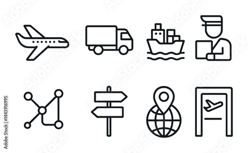 International travel icon set – outline style for global tourism and transport planning: airplane, truck, ship, custom officer, network, signpost, globe, departure gate.